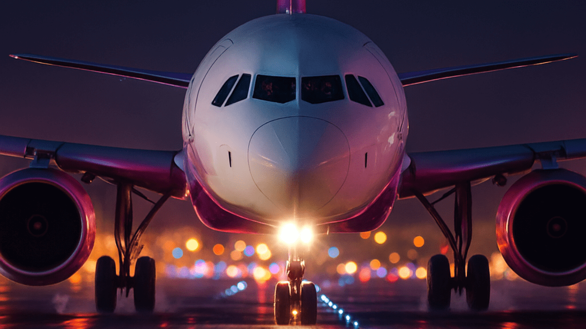 Avião visto de frente à noite na pista