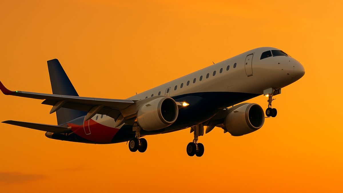 Avião voando no pôr do sol