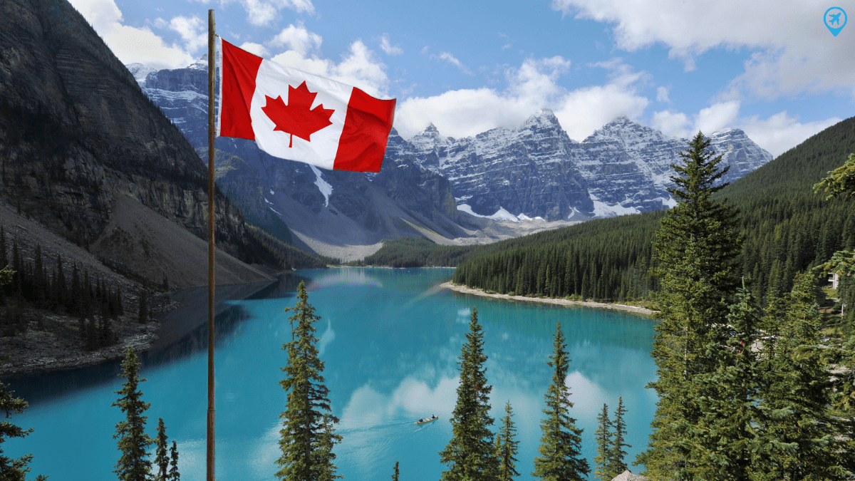 Paisagem no Canadá com a bandeira do país