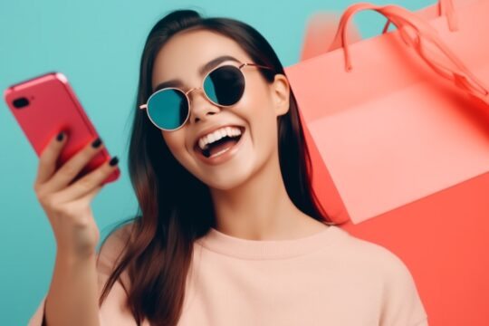 Mulher com celular e compras