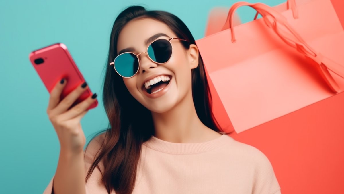 Mulher com celular e compras