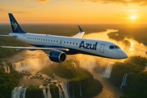 Avião da Azul sobrevoando as Cataratas do Iguaçu ao amanhecer