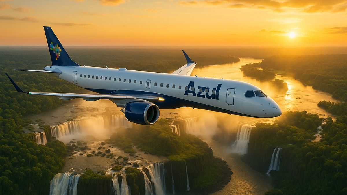 Avião da Azul sobrevoando as Cataratas do Iguaçu ao amanhecer
