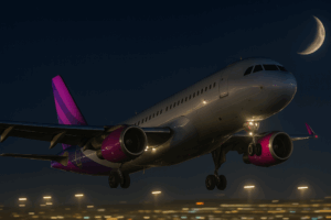 Avião decolando à noite com lua
