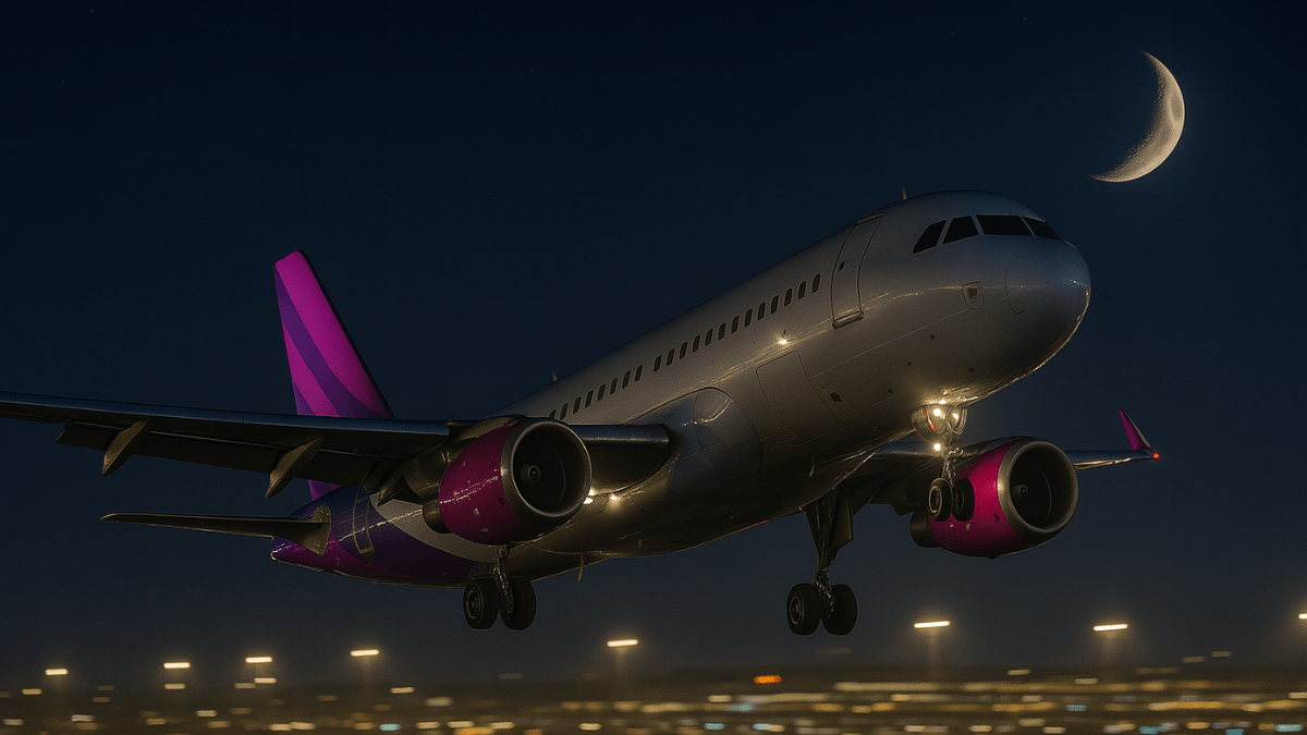 Avião decolando à noite com lua