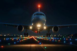 Avião na pista à noite decolando