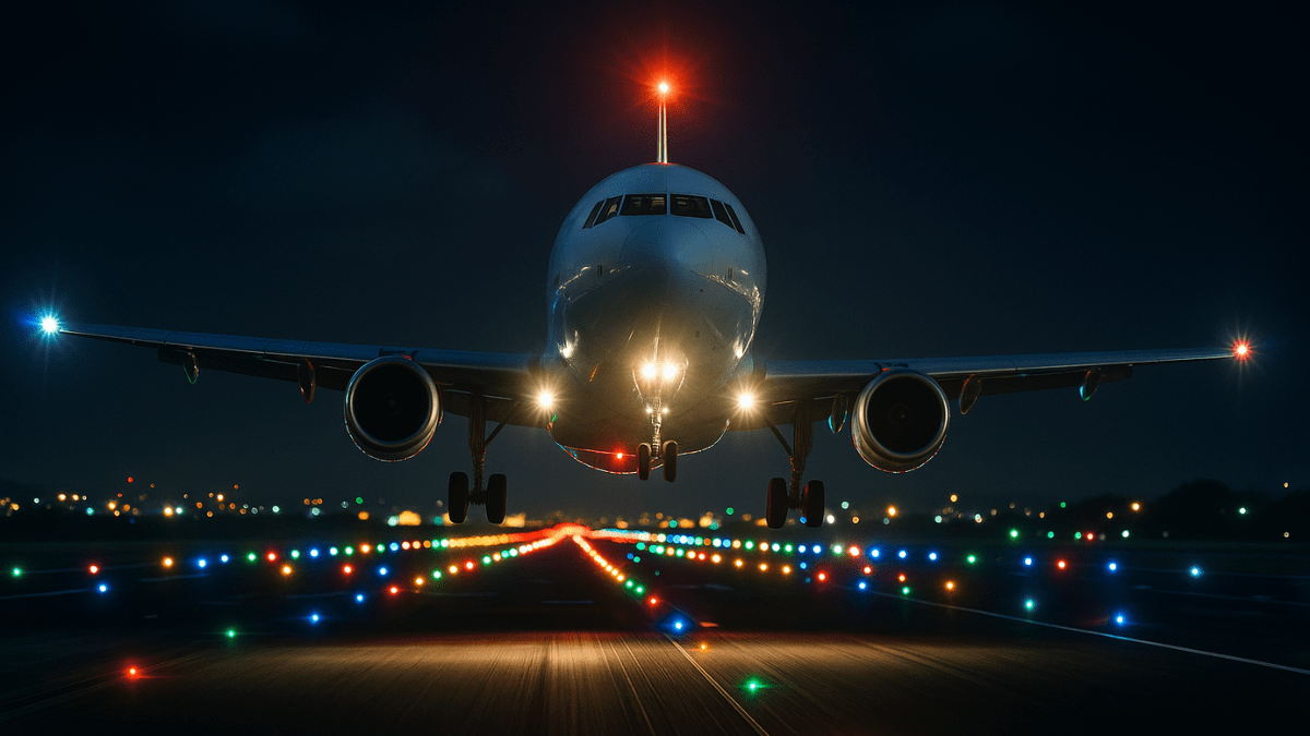 Avião na pista à noite decolando