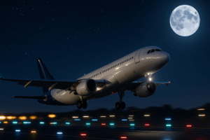 Avião comercial acelerando em uma pista iluminada sob um céu estrelado com lua cheia, prestes a decolar, com sensação de potência e velocidade.