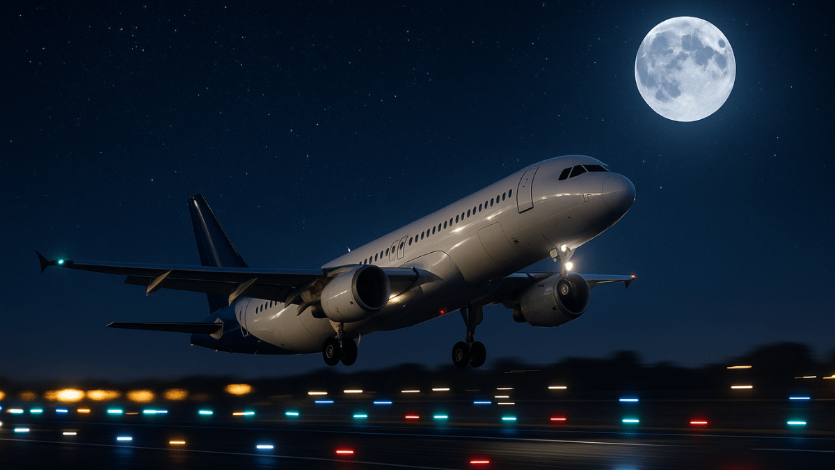 Avião comercial acelerando em uma pista iluminada sob um céu estrelado com lua cheia, prestes a decolar, com sensação de potência e velocidade.