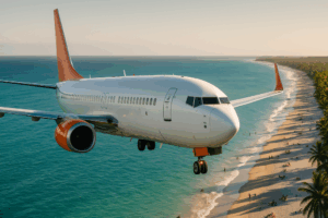 Avião sobrevoando praia no Nordeste do Brasil