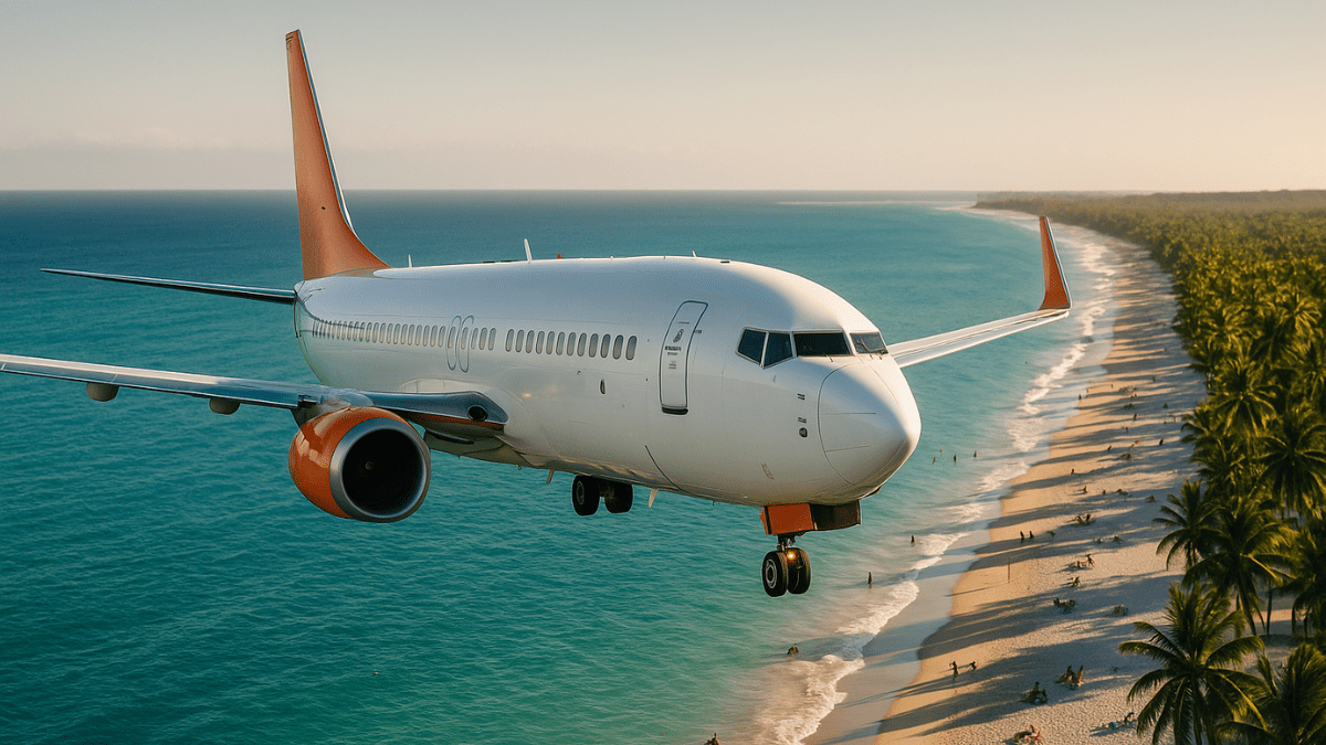 Avião sobrevoando praia no Nordeste do Brasil