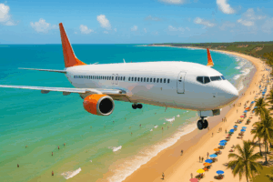 Avião sobrevoando praia nordestina