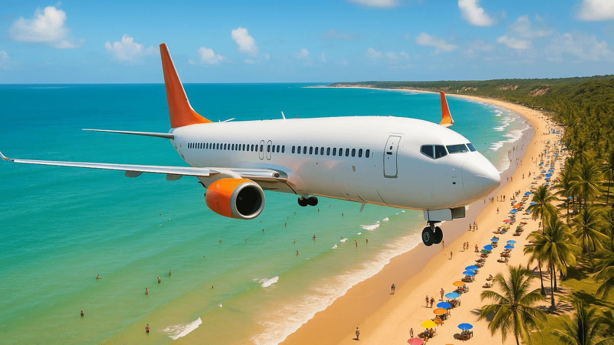 Avião sobrevoando praia nordestina
