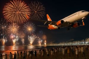 Avião sobrevoando uma praia durante a festa de Réveillon