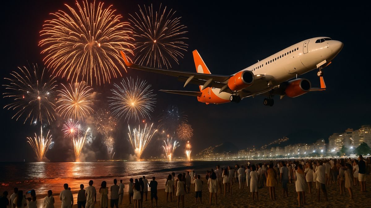 Avião sobrevoando uma praia durante a festa de Réveillon