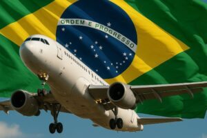 Avião voando com a bandeira do Brasil atrás