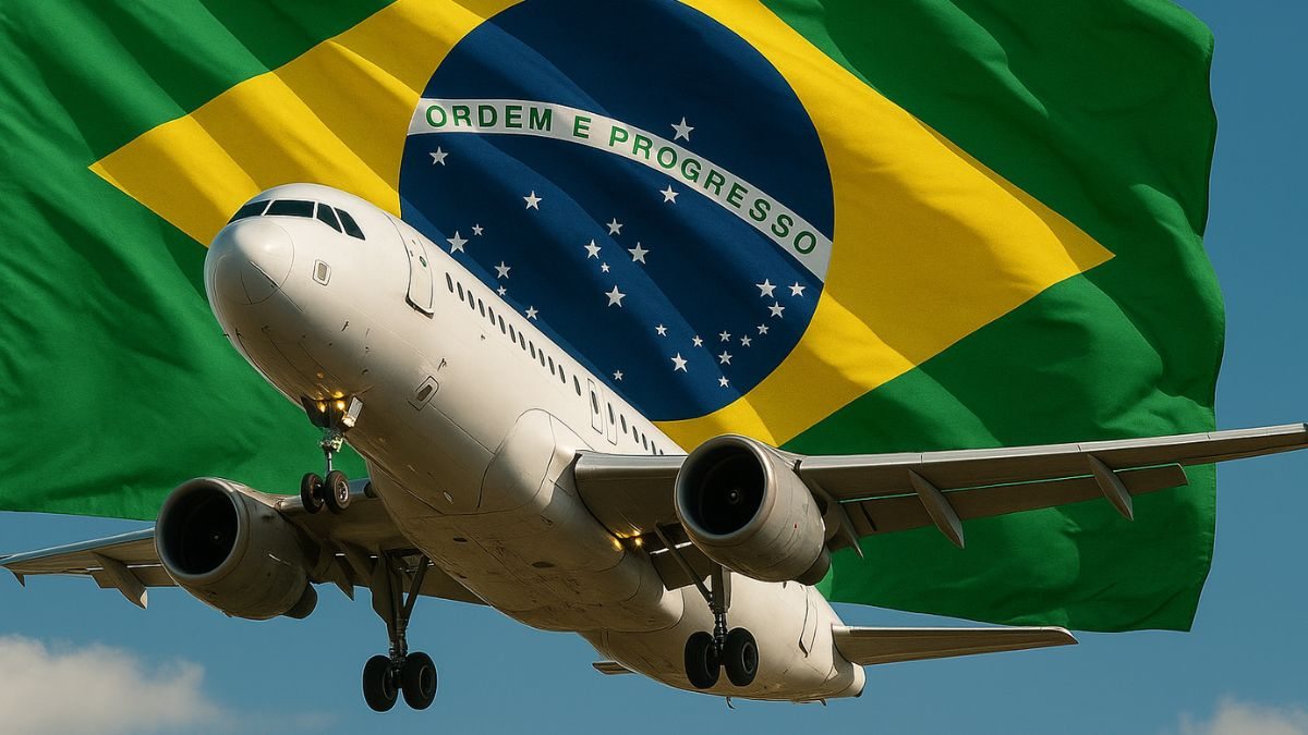Avião voando com a bandeira do Brasil atrás