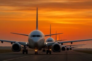 Aviões na pista em um fim de tarde
