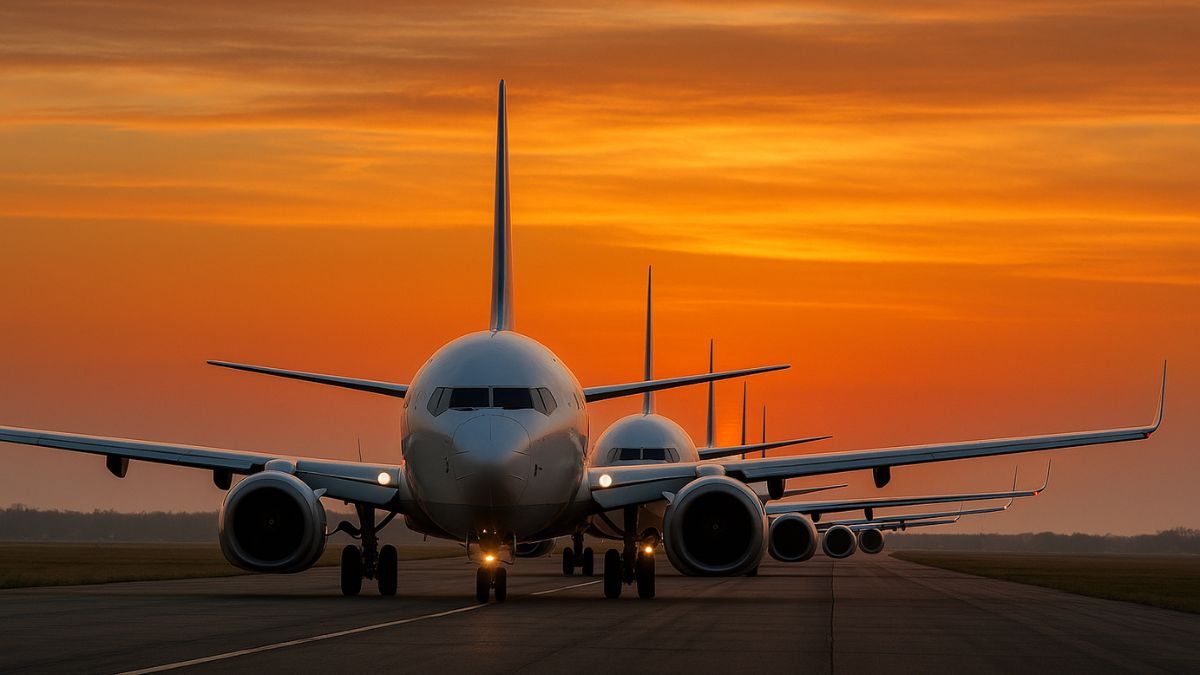 Aviões na pista em um fim de tarde