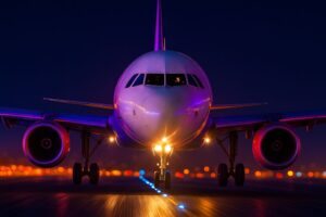 Avião decolando à noite de pista iluminada