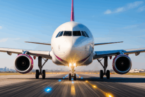 Avião branco com detalhes em rosa pegando velocidade