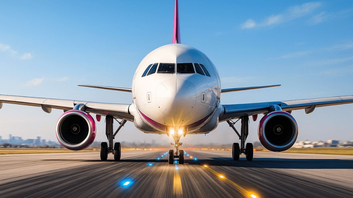 Avião branco com detalhes em rosa pegando velocidade