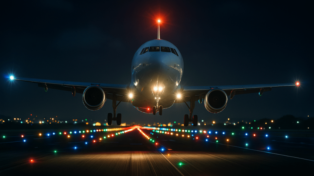 Avião com luzes decolando em pista iluminada