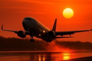 Avião decolando ao pôr do sol com reflexos dourados na pista, simbolizando o início das promoções de passagens aéreas.