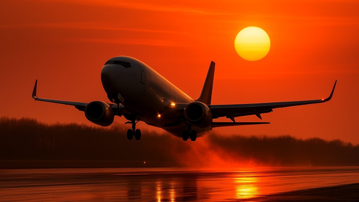 Avião decolando ao pôr do sol com reflexos dourados na pista, simbolizando o início das promoções de passagens aéreas.