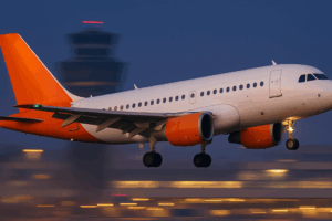 Avião decolando de um aeroporto à noite