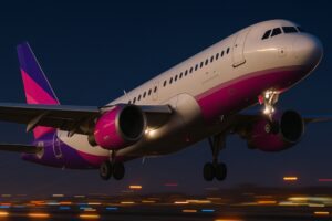 Avião levantando voo à noite com luzes ao fundo