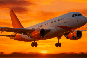 Avião levantando voo com o pôr do sol ao fundo