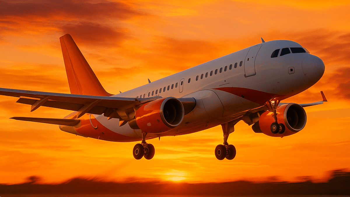 Avião levantando voo com o pôr do sol ao fundo