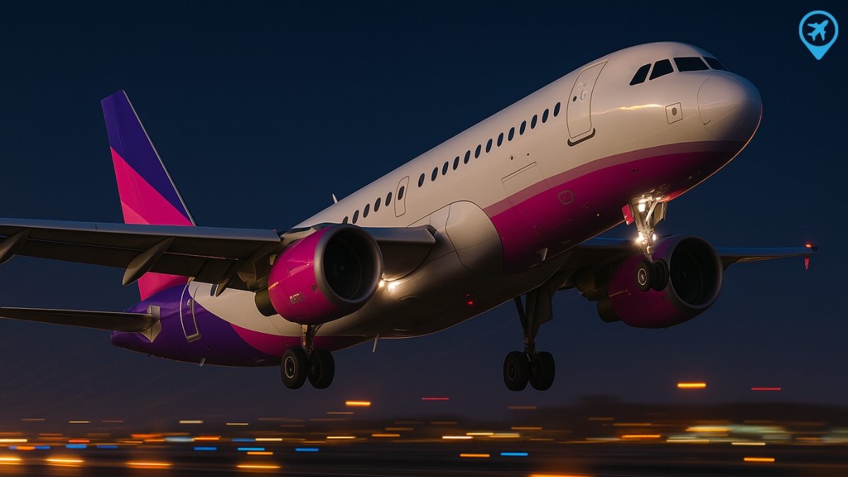 Avião levantando voo à noite com luzes ao fundo