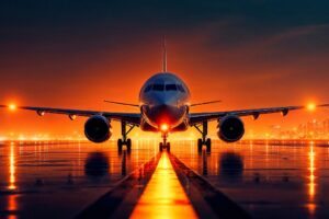 Avião na pista à noite com cores vibrantes e luzes