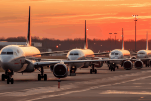 Aviões em fila na pista do aeroporto com as cores do pôr do sol