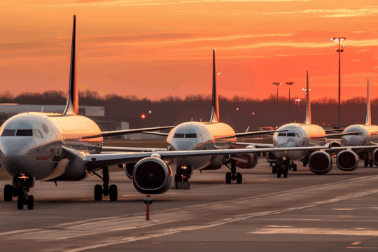 Aviões em fila na pista do aeroporto com as cores do pôr do sol