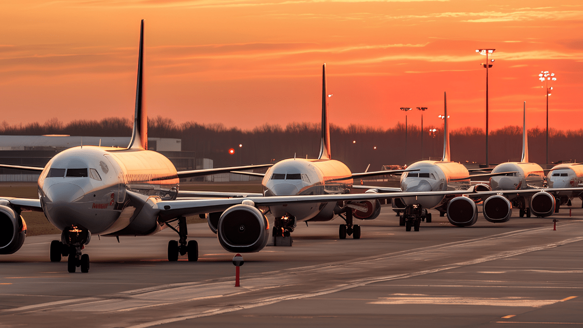 Aviões em fila na pista do aeroporto com as cores do pôr do sol