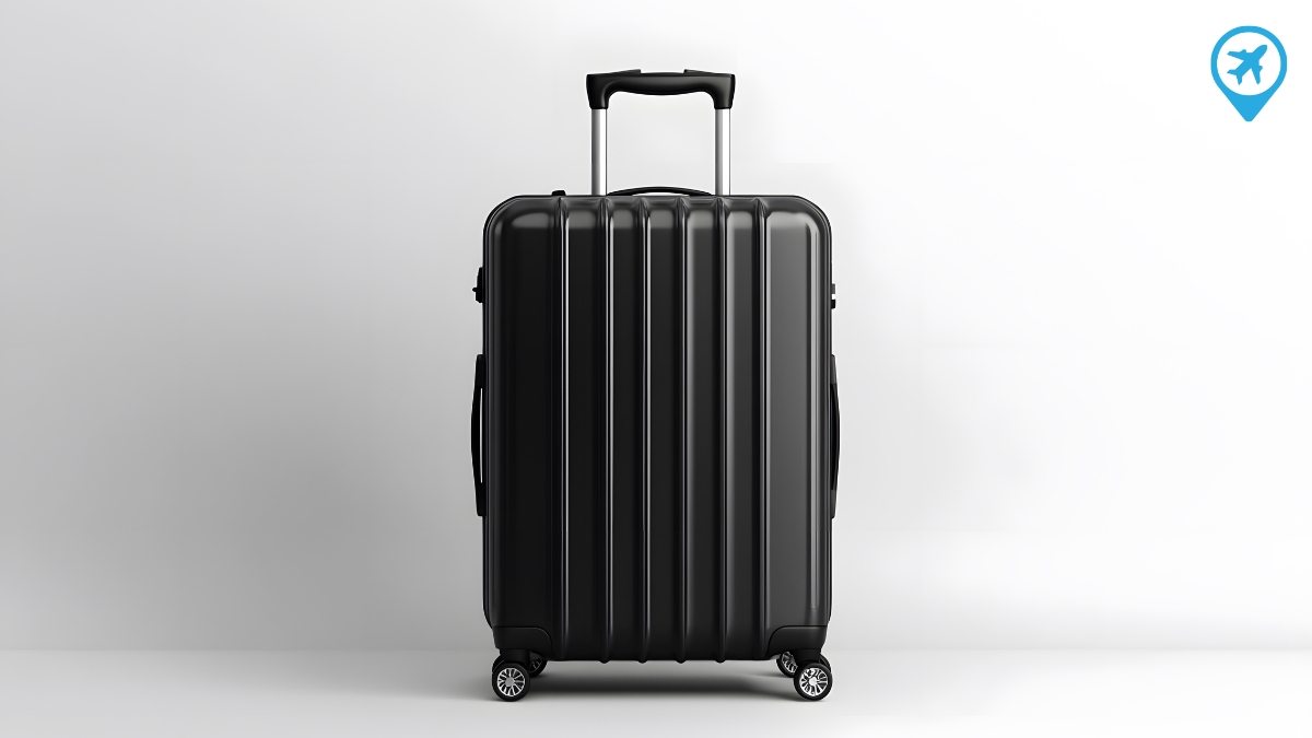 Mala de viagem 10kg preta com rodas e alça retrátil em fundo claro