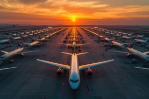 Vários aviões na pista com o pôr do sol ao fundo