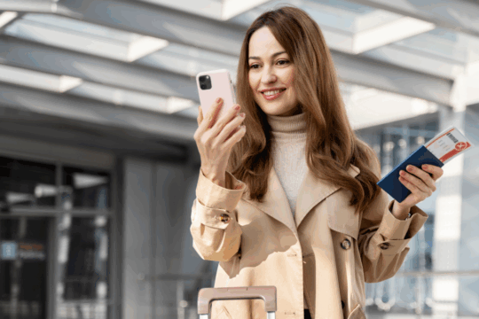Mulher com celular e bilhetes aéreos na mão