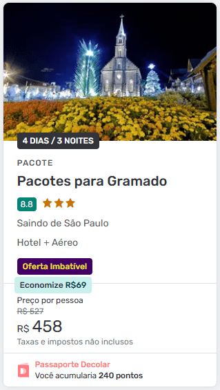 Pacote 2026 para Gramado com hotel e passagem aérea inclusos