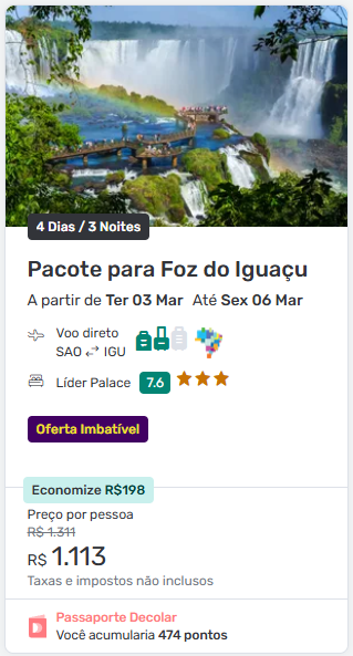 Pacote Decolar 2026 para Foz do Iguaçu com voo e hospedagem