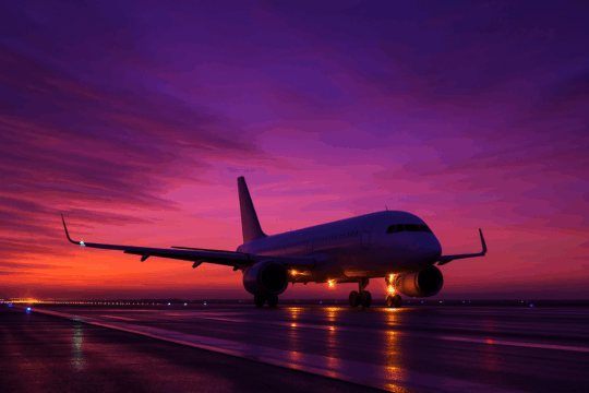Avião na pista com o céu colorido