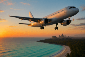 Avião voando sobre paisagem tropical e cidade europeia ao fundo, ilustrando opções de pacotes 2026 para diferentes destinos de viagem.