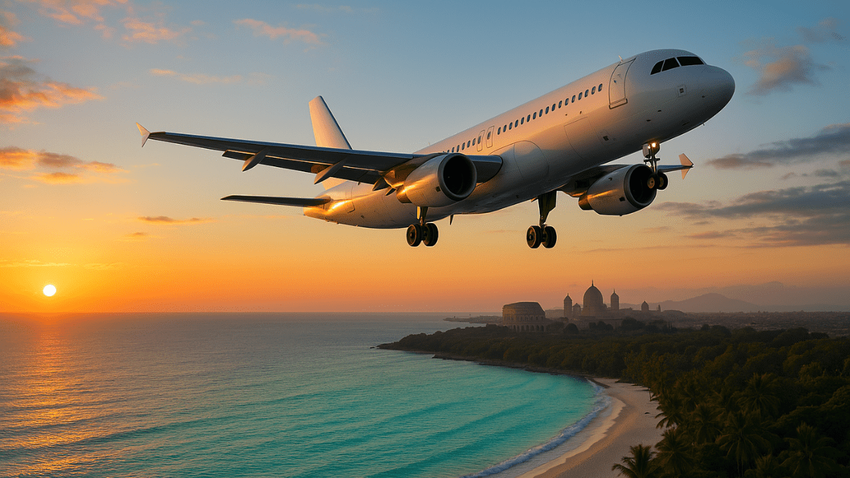 Avião voando sobre paisagem tropical e cidade europeia ao fundo, ilustrando opções de pacotes 2026 para diferentes destinos de viagem.