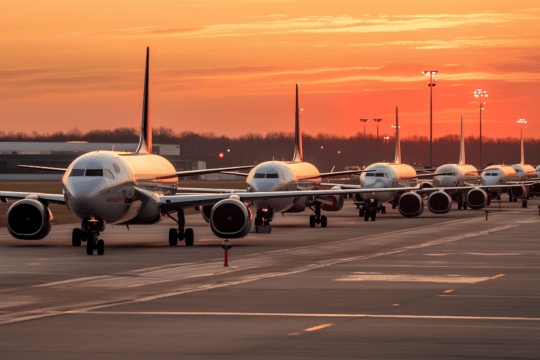 Aviões em fila no pôr do sol
