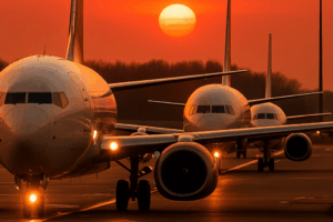 Aviões na pista em fila com o pôr do sol ao fundo