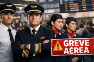 Pilotos e comissários em aeroporto brasileiro durante alerta de estado de greve no setor aéreo, com passageiros ao fundo