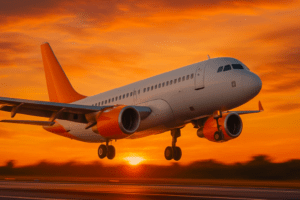 Avião comercial em voo durante o pôr do sol em aeroporto.